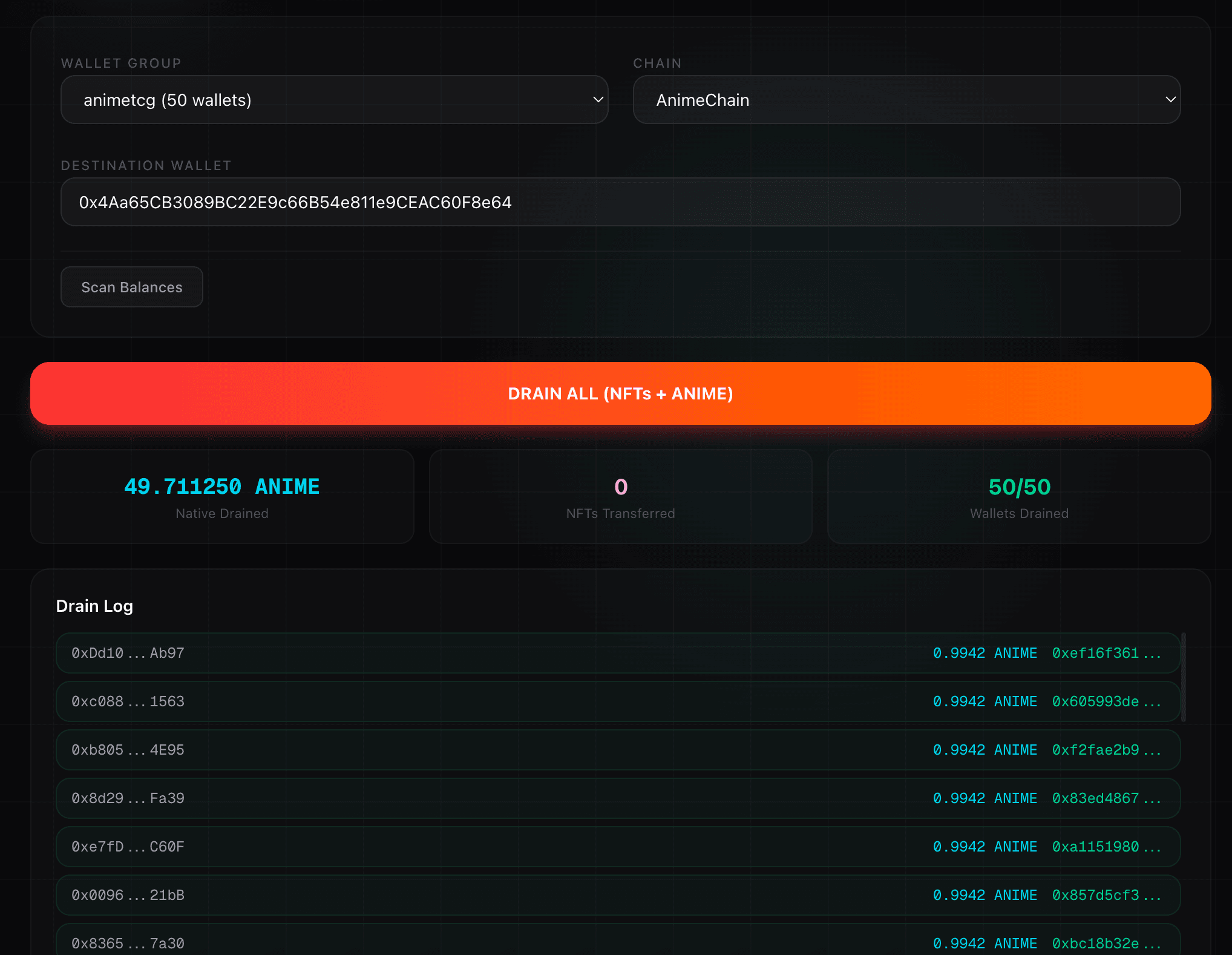 Drain results showing 50/50 wallets drained
